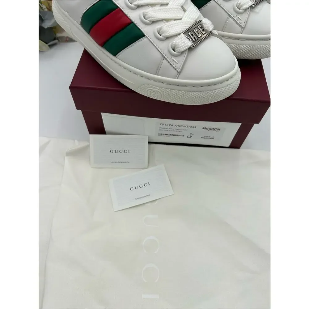 Men's Gucci White Leather ace Sneakers with web, stripe size 8.5 fits 9 US